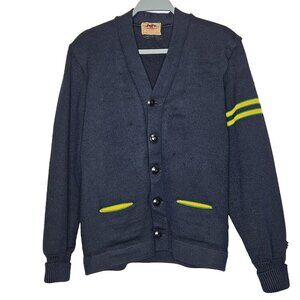 Vintage Men's Navy Lettermans Cardigan Sweater Yellow Stripes Pockets Flawed S